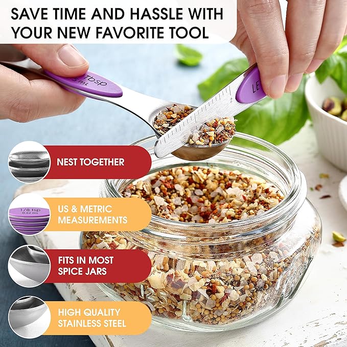 Spring Chef Magnetic Measuring Spoons Set, Dual Sided, Stainless Steel, Fits in Spice Jars, Orchid, Set of 8, 2 Pack