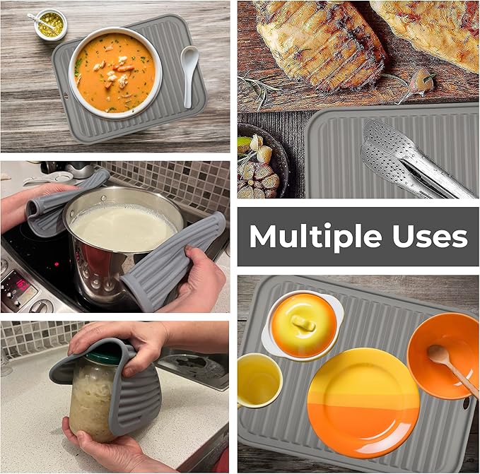 Silicone Trivets for Hot Dishes, Pots, Pans (2 Pack) - Heat-Resistant Pot Holders for Kitchen Countertop Mats - Silicone Trivet Mat (9 x 12 Inch) - Multipurpose Counter Pads (Grey)