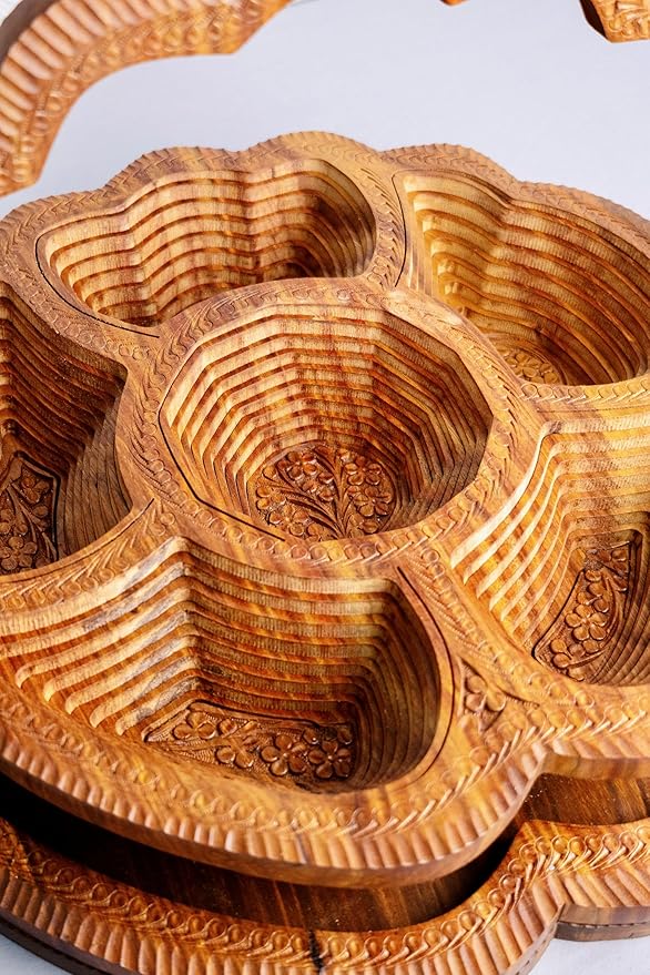 Handmade 18″ Collapsible Wooden Basket, 6-Compartment Paisley Design in Himalayan Rosewood – Fruit Basket, Bread Bowl & Trivet – Folds Flat for Easy Storage – Unique Centerpiece & Gift