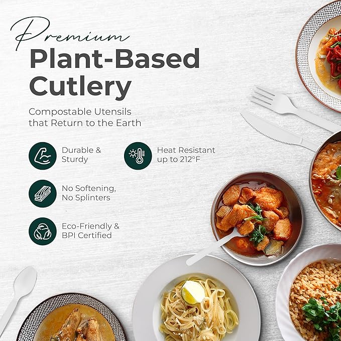 100% Compostable cutlery knives forks spoons Large Disposable Biodegradable Compostable Utensils Durable HeavyDuty Silverware heat resistant alternative to plastic with convenient tray 7inch (400)
