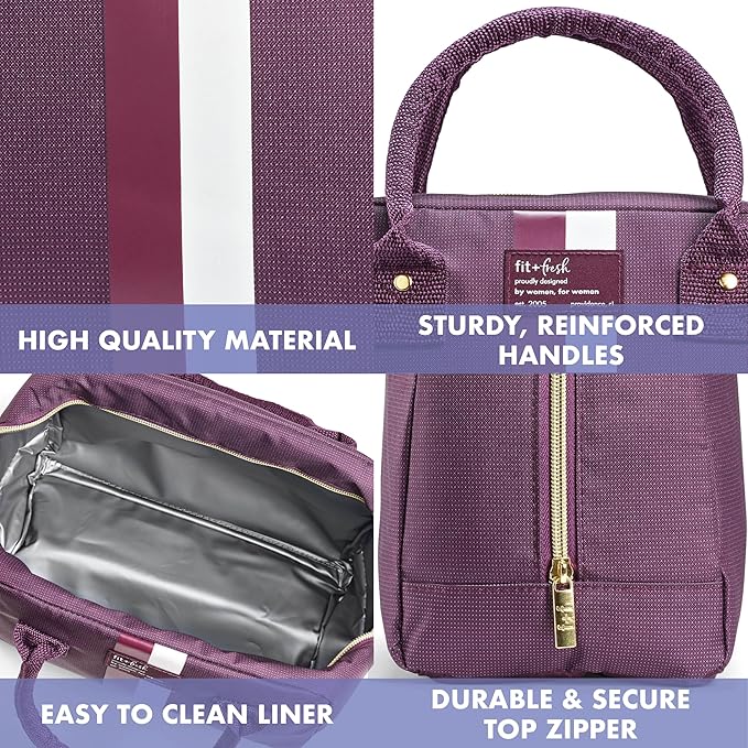 Fit & Fresh Lunch Bag For Women, Insulated Womens Lunch Bag For Work, Leakproof & Stain-Resistant Large Lunch Box For Women With 2 Large Containers, Zipper Closure Bloomington Lunch Bag, Plum Stripe