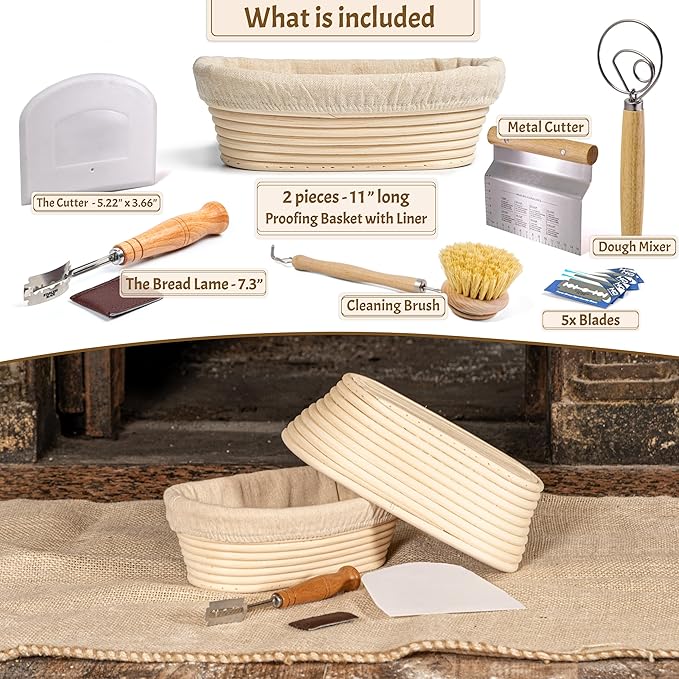 Sourdough Bread Baking Supplies Starter Kit, Banneton Proofing Basket Oval 11" Set of 2, Basket Gift Set