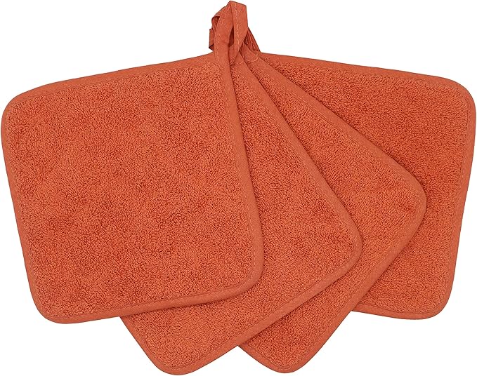 Cotton Pot Holders Cotton Made Machine Washable Heat Resistant Everyday Kitchen Basic Terry Pot Holder, Hot Pads, Trivet for Cooking and Baking Set of 4 (Orange)