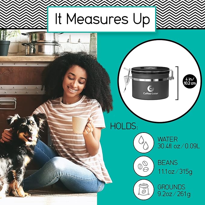 Coffee Gator Stainless Steel Coffee Grounds and Beans Container Canister with Date-Tracker, CO2-Release Valve and Measuring Scoop, Small, Gray
