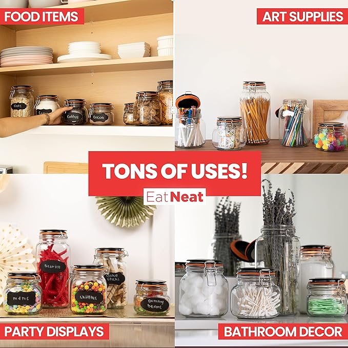 EatNeat 5‑Piece Airtight Glass Canister Set with Clamp Lids – 17 to 68 oz Jars for Kitchen Pantry Storage – Giftable Food Containers for Dry Goods & Countertop – Includes Labels & Marker