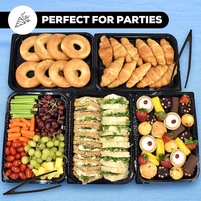 25 Pack Catering Trays with Lids – 13" Serving Tray with Lid, Heavy Duty Recyclable Plastic Party Platters for Catering, Buffet, Picnics & Events – Food Trays with Clear Lid (13.39 × 9.84 × 2.95 inch)