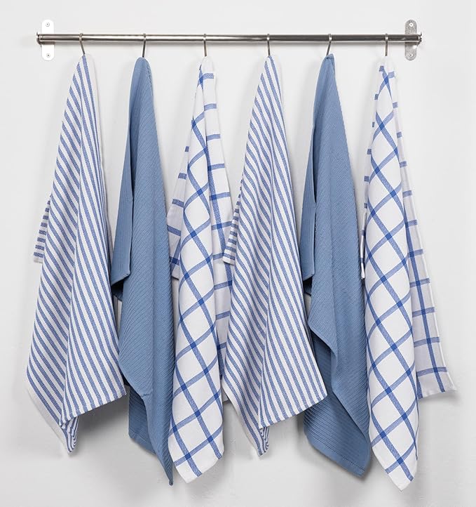 KAF Home Premium Kitchen Towels (18" x 28"), Large 100% Cotton, Flat & Terry Absorbent Dish Towel Set (Blue, 18 x 28-6 Pack)