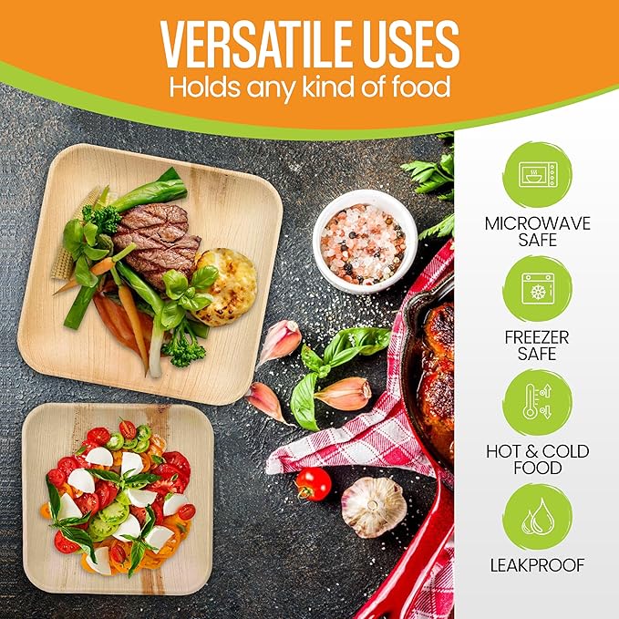 Raj Palm Leaf Plates Disposable Bamboo Plates 10 Inch & 7 Inch Square Bulk Party Pack (50 Pc) Compostable and Biodegradable - Better than Plastic & Paper Plate for Lunch, Birthday, Camping