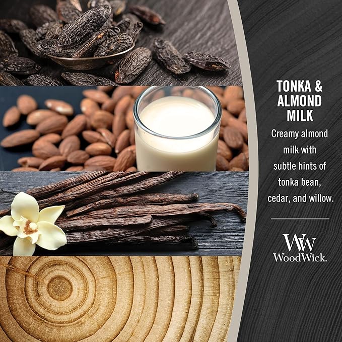 WoodWick Tonka & Almond Milk Gifts for Women and Men, 16 oz Ellipse Candle with Crackling Wick