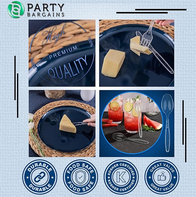 Party Bargains Disposable Cutlery Set Color: Clear Sapphire 300 Pcs: 100 Spoons, 100 Knives, 100 Forks. Heavy Duty & Solid Disposable Silverware Utensils Set for Weddings, Buffets, Luncheons
