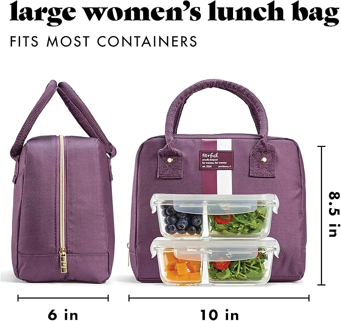 Fit & Fresh Lunch Bag For Women, Insulated Womens Lunch Bag For Work, Leakproof & Stain-Resistant Large Lunch Box For Women With 2 Large Containers, Zipper Closure Bloomington Lunch Bag, Plum Stripe