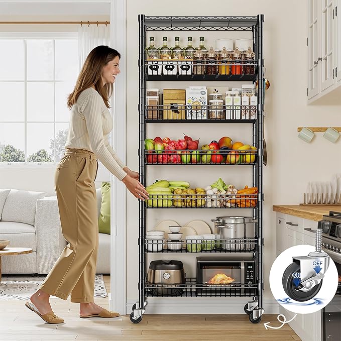 7 Tier Wire Shelving with Wheels 72" H Adjustable Basket Shelf Storage Shelves with Hooks for Kitchen Bathroom Pantry Shelves Closet Laundry Room Organization 72" H x 30" W x 14" D, Black