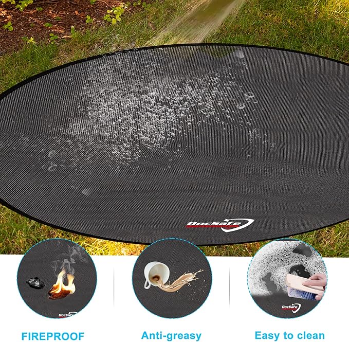 DocSafe 38" Round Fire Pit Mat, 4-Layer Fireproof Under Grill Mat Heat Insulated Indoor Fireplace Pad Protector for Decks,Patios,Grass,BBQ Smoker, Portable Reusable Oil-Proof and Waterproof, Black