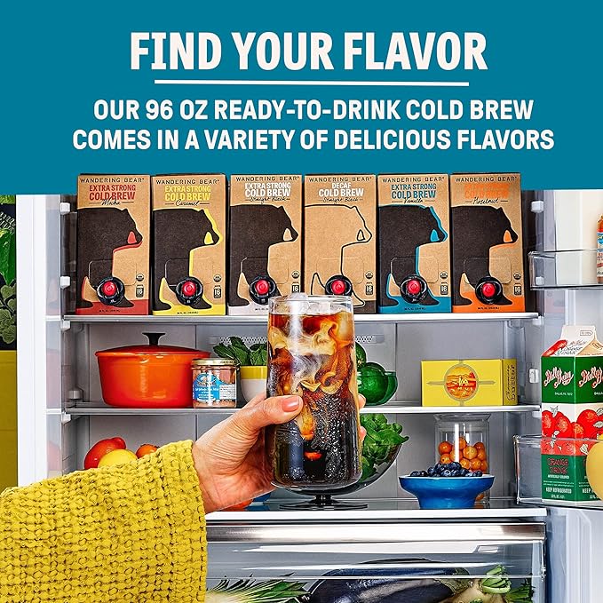 Wandering Bear Organic Vanilla Coffee Cold Brew On Tap, Iced Coffee Drink -Extra Strong, Smooth, No Sugar Added, Shelf-Stable, Ready to Drink, Gluten Free & Vegan Decaf -16 Servings of 6fl.oz -96fl.oz