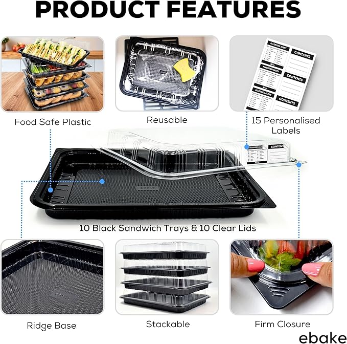 10 Pack Catering Trays with Lids – 15" Serving Tray with Lid, Heavy Duty Recyclable Plastic Party Platters for Catering, Buffet, Picnics & Events – Food Tray with Clear Lid (15.35 × 11.42 × 2.95 inch)