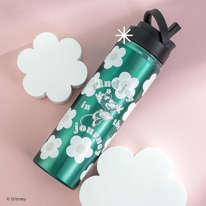 JoyJolt Disney Retro Vintage Stainless Steel Water Bottle ft Minnie Mouse, Reusable 22oz Vacuum Insulated Water Bottle Tumbler with Leak Proof Flip Straw Lid and Handle, Lead & BPA Free