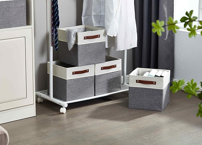 DECOMOMO Fabric Cube Storage Bins - Storage Baskets for Shelves, Cube Storage Organizer for Kallax and Cubbies (Grey & White, 11 inch Cube) - 4 Pack