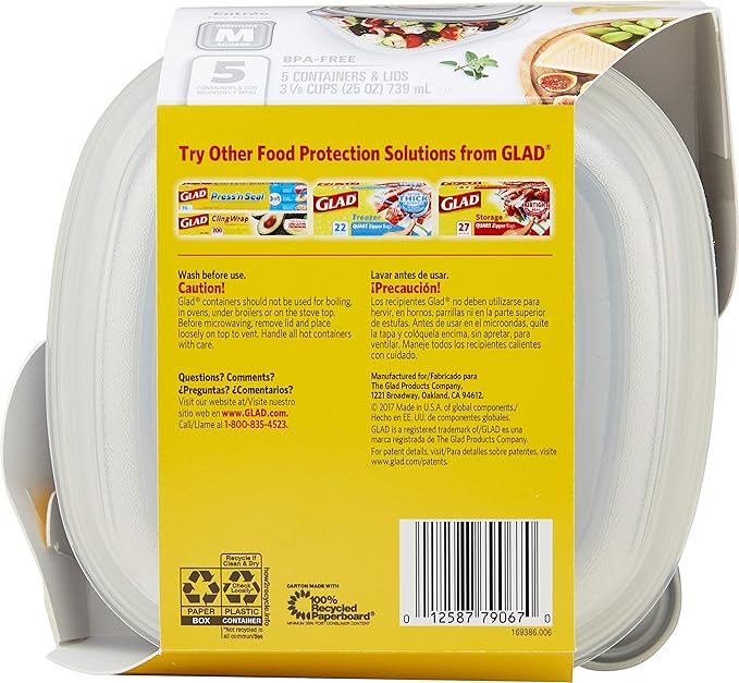 GladWare Home Entree Food Storage Containers, Medium Square Holds 25 Ounces of Food, 5 Count Set |With Glad Lock Tight Seal, BPA Free Containers and Lids