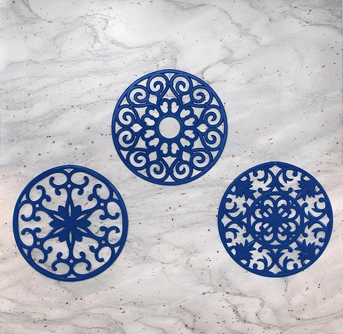 GASARÉ, Extra Large, Thick, 10" Silicone Trivets for Hot Dishes, Pots, and Pans, Hot Pads for Countertops, Flexible, Dishwasher Safe, 10 x ¼ Inches, Set of 3, Blue
