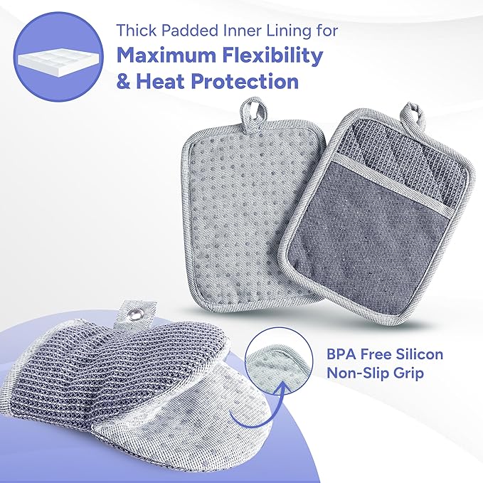 Casa Platino Mini Oven Mitts Set, 8-Piece – 500°F Heat Resistant Silicone Oven Mitts, Potholders for Kitchens, 2 Kitchen Towels & 2 Dish Cloths – Non-Slip & Durable – Indigo