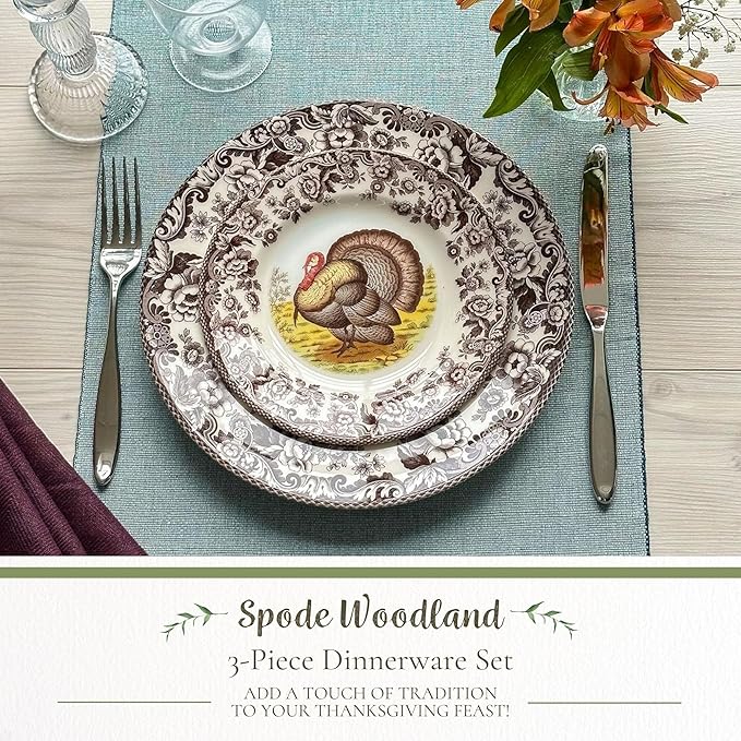 Spode Woodland 3-Piece Thanksgiving Dinnerware Set - Porcelain Plates & Bowl, Fall Dinnerware Collection - Microwave & Dishwasher Safe - Elegant Autumn Tableware