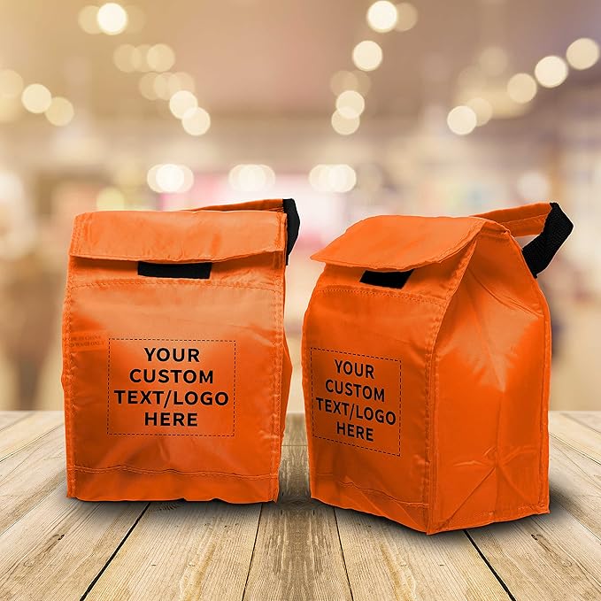 DISCOUNT PROMOS 50 Hook and Loop Insulated Lunch Bags Set - Customizable Text, Logo - Polyester, Durable, Vibrant, Reusable - Orange