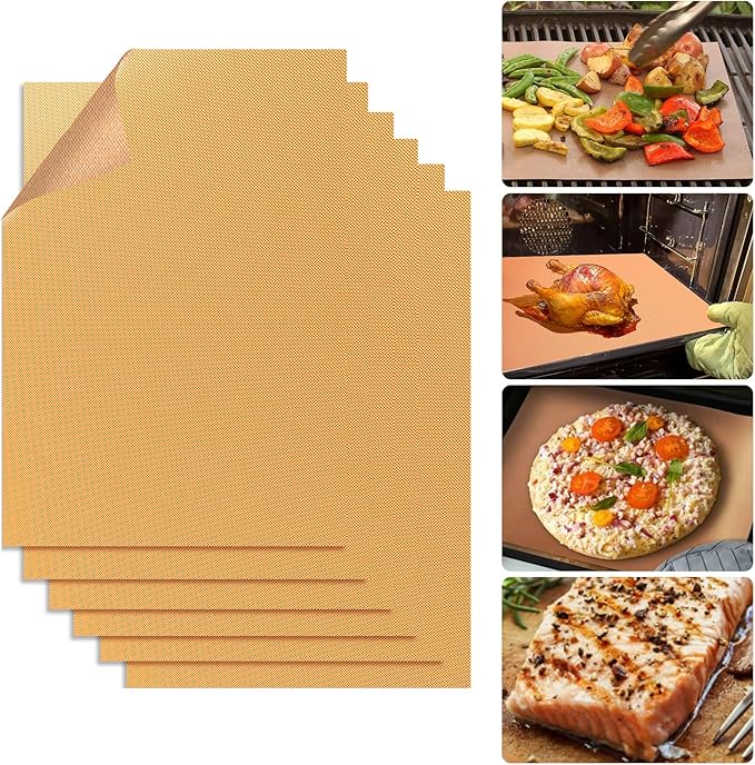 Copper Grill Mats for Ourdoor Grill Set of 6,Heavy Duty Non-Stick BBQ Grill Mats,Reusable & Easy to Clean for Gas,Charcoal & Electric Grills-15.75 x 13 Inch
