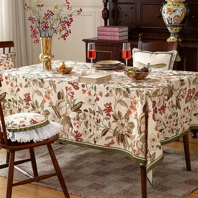 ISAENNE Designer Bohemian Linen Long Rectangle Tablecloth,Colorful Floral Pattern Table Cloth,Wrinkle Resistant Decorative Tablecloths for Dining Thanksgiving Kitchen Party,63"*94"-Grace A