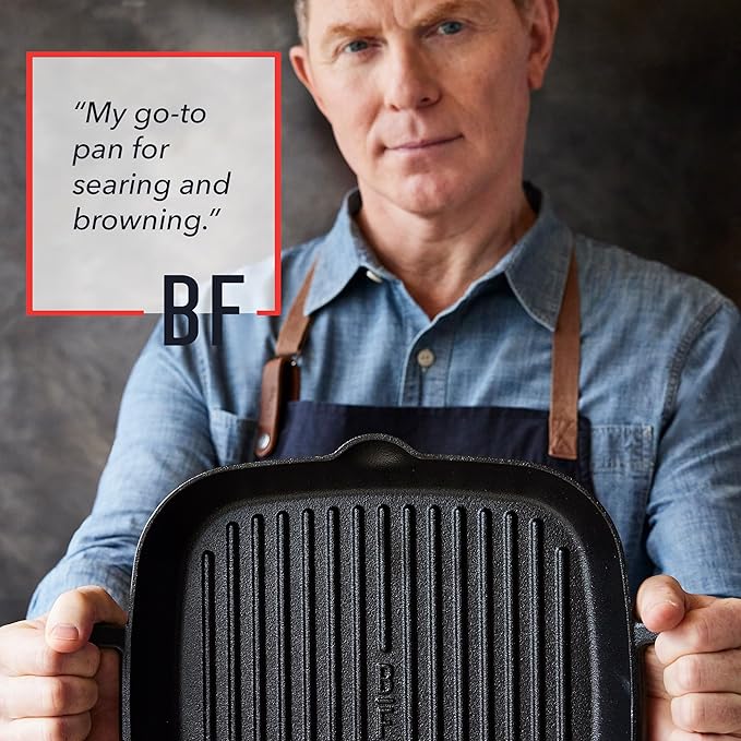 GreenPan x Bobby Flay Cast Iron 11” Square Grill Pan, Pre-Seasoned Professional Grade Heavy Duty Skillet, Helper Handles, Induction Suitable, Stovetop, Oven, BBQ & Fire, Indoor & Outdoor Use, Black