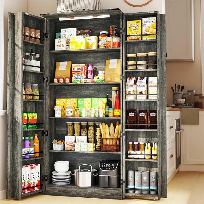 Tall Kitchen Pantry Cabinet: Food Pantry Cabinets for Kitchen Storage, Grey Wood Storage Cabinet with 2 Doors, Farmhouse Cabinets with Freestanding Cupboard (Grey)