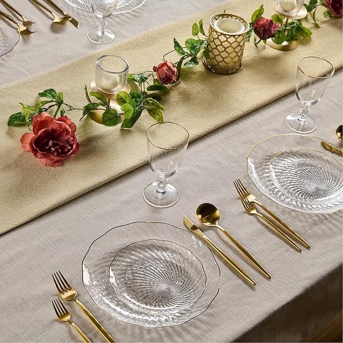 PLASTICPRO 30 Pack Plastic Plates Set of 15-10 inch Plates and 15-7 inch Plate, Elegant Clear Spiral and Gold Rim Disposable Fancy Plate Premium Heavyweight