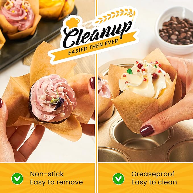 Tulip Cupcake Liners, Muffin Liners for Baking by Baker’s Signature – 200pcs of Parchment Paper Cups Cupcake Wrappers – Perfect Size, Sturdy, Greaseproof & Easy to Use – Wedding Decor – Natural Brown