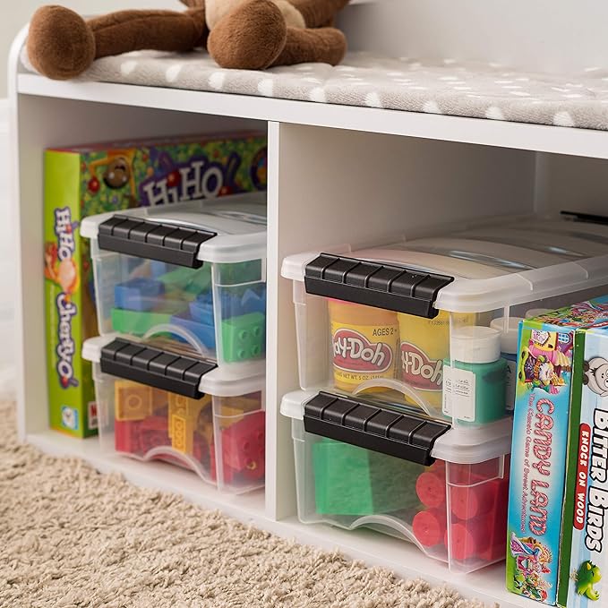 IRIS USA 6 Quart Stackable Plastic Storage Bins with Lids, 3 Pack - BPA-Free, Made in USA - See-Through Organizing Solution, Latches, Durable Nestable Containers, Secure Pull Handle - Clear/Black