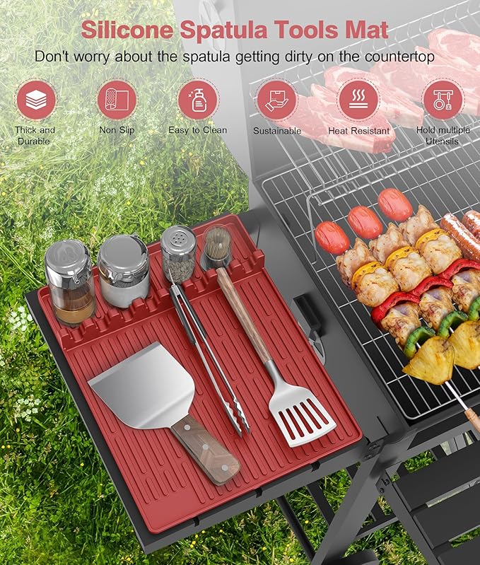 Silicone Griddle Tools Mat for Blackstone - Large Silicone Spatula Mat with Drip Pad - Griddle Mats BBQ Grill Accessories - Side Shelf Mats Grill Pad for Blackstone Griddles Accessories (red)