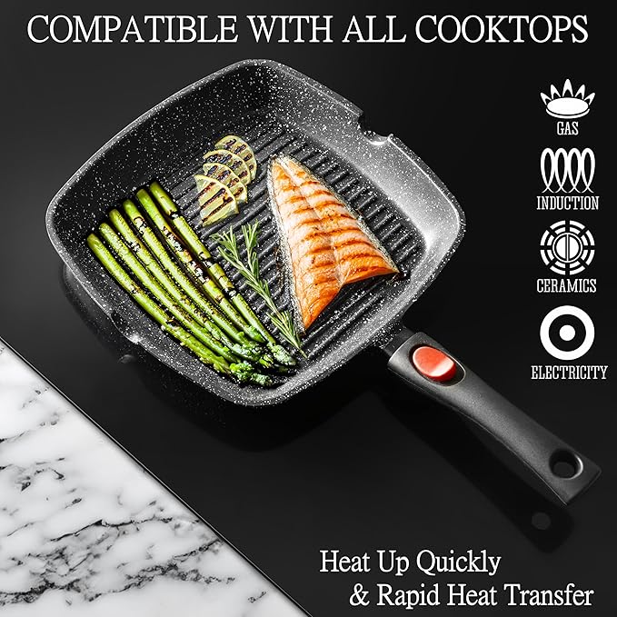 Moss & Stone Square Grill Pan for Indoor Cooking, 11-Inch Nonstick Griddle Skillet with Removable Handle, RV Die-Cast Aluminum Stove Top Grill Pan for Meats & Vegetables, Detachable Handle