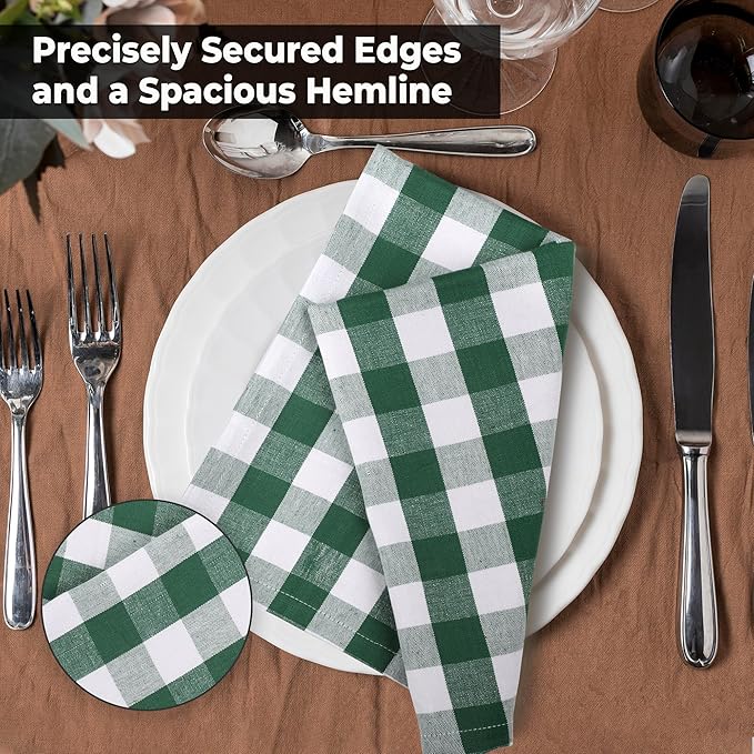 Urban Villa Cotton Dinner Napkins Set of 6, Highly Absorbent 20x20 Inches Premium Cloth Napkins Hotel Quality Reusable & Washable Table Dinner Napkins for Home & Weddings - Hunter Green/White, Checks