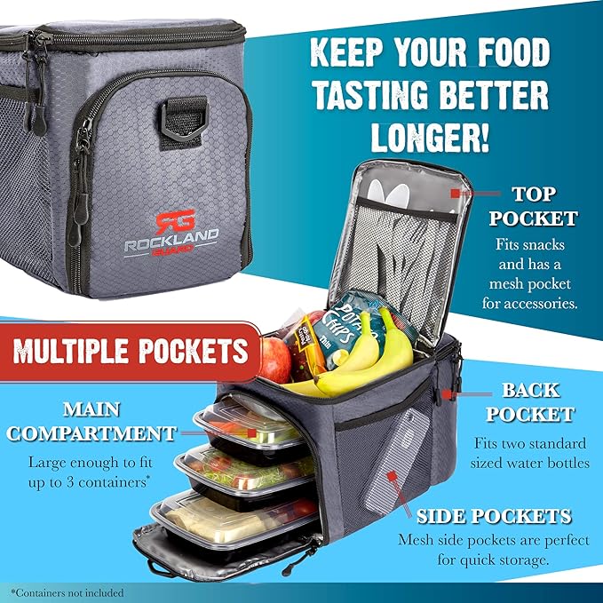 Rockland Guard Insulated Lunch Bag for Men - Lunch Box for Women with Compartments for Meal Prep Containers, Bottles, Snacks, Extra Storage Pockets - Lunchbox for Work, Travel, Picnic, Camping - Gray