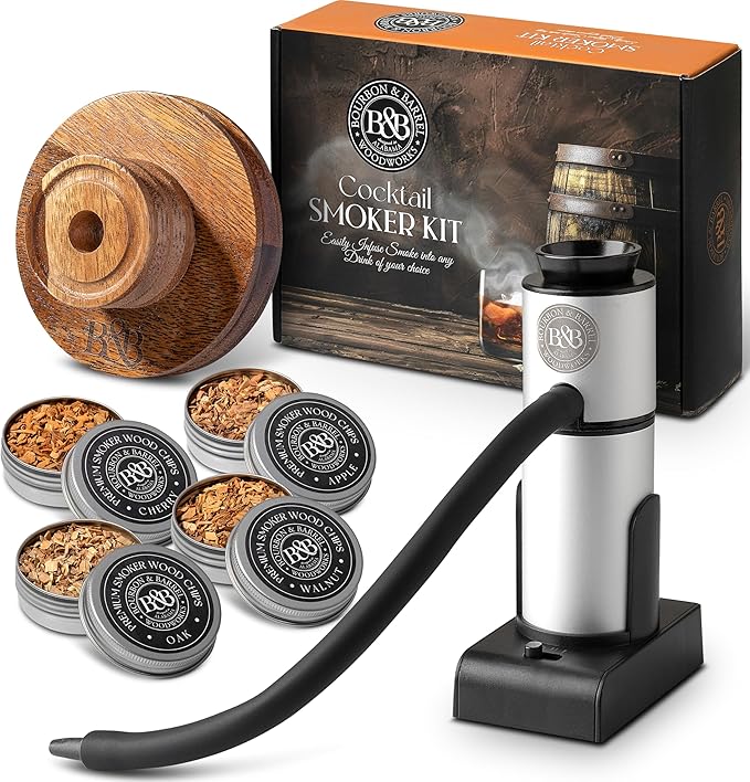 BOURBON&BARREL Cocktail Smoker Kit | Crafted with Walnut Wood | Whiskey Smoker Kit with Instant Smoker, Glass Drink Topper and 4 Varieties of Wood Chips | Old Fashioned Drink Smoker [Walnut]