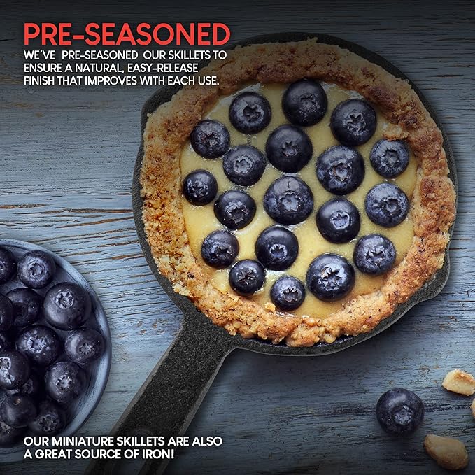 Modern Innovations Mini Black Cast Iron Skillet Set with Silicone Mitt (48 Count) - 3.5 Inch Pans, Pre Seasoned Small Skillets for Baked Cookie/Brownie or Cooked Eggs