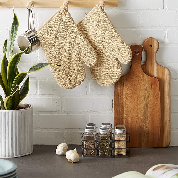 DII Basic Terry Collection 100% Cotton Quilted, Oven Mitt, Pebble, 2 Piece