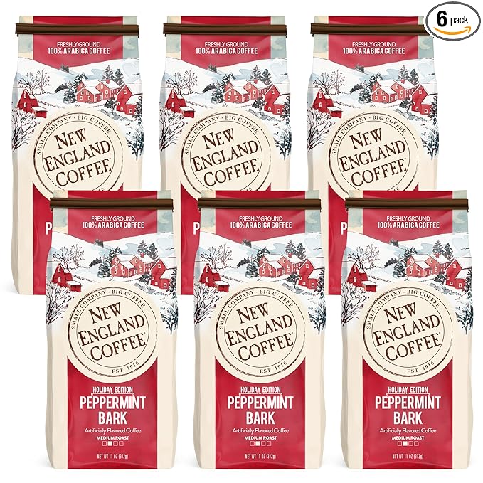New England Coffee Peppermint Bark Medium Roast Ground Coffee, 11oz Bag (Pack of 6)