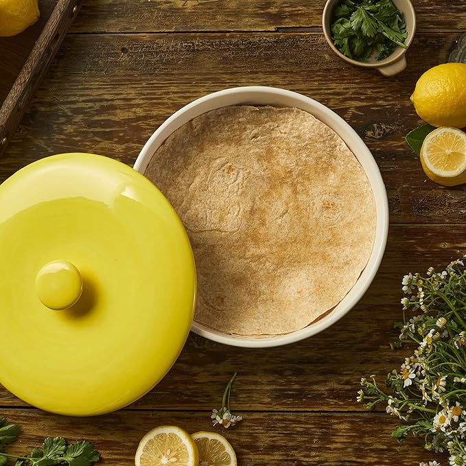 Bico Lemon Dreams Ceramic Tortilla Warmer, 8.9 Inch Tortilla Holder with Lid for Taco Bread Pancake for Mexican Night and Party, Microwave and Dishwasher Safe