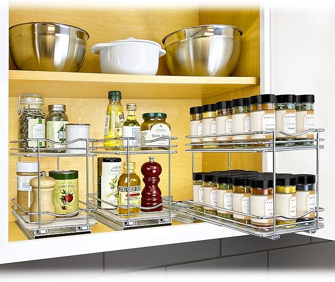 LYNK PROFESSIONAL® Pull Out Spice Rack Organizer for Inside Kitchen Cabinets - 6-3/8 inch Wide - Slide Out Drawer – Chrome Sliding Spice Cabinet Organization Shelf Racks - 2 Tier
