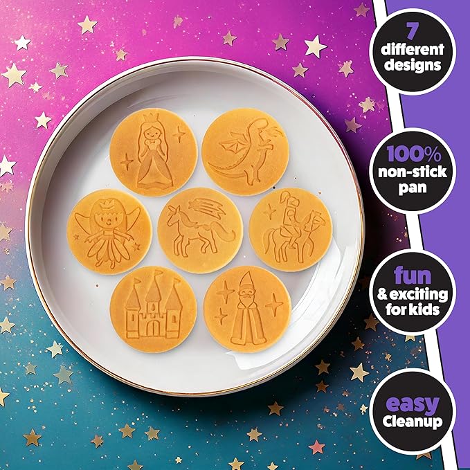 CucinaPro Fantasy Friends Mini Pancake Pan - Nonstick Griddle for Breakfast Magic, Featuring a Princess Castle & More, 7 Unique Flapjacks