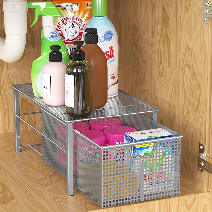 Deco Brothers Stackable Pull Out Cabinet Sliding Basket with Dividers, Large, Silver