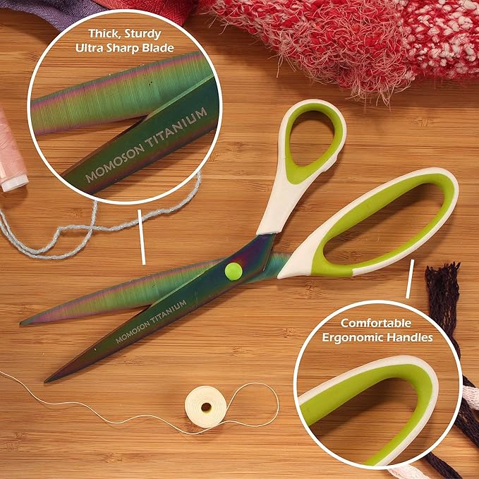BambooMN Titanium Softgrip Scissors Set for Sewing, Arts, Crafts, Office - 10 sets of 3 - White w/Green Inlays