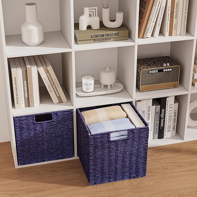 Vagusicc Wicker Storage Basket, Set of 2 Hand-Woven Paper Rope Wicker Basket, Foldable Cube Storage Bins, 9 inch Square Storage Baskets for Organizing Shelves & Decor, Purple (9″×9″×9″)