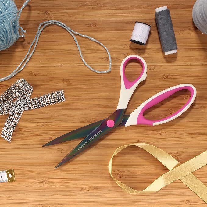 BambooMN Titanium Softgrip Scissors Set for Sewing, Arts, Crafts, Office - 3 Sets of 3 - White w/Pink Inlays