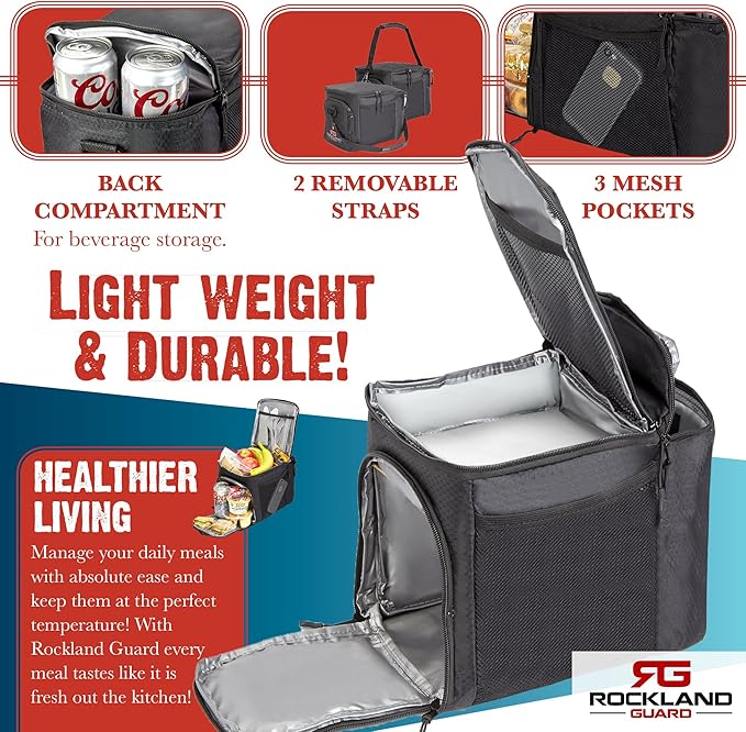 Rockland Guard Insulated Lunch Bag for Men - Lunch Box for Women with Compartments for Meal Prep Containers, Bottles, Snacks, Extra Storage Pockets - Lunchbox for Work, Travel, Picnic, Camping - Black