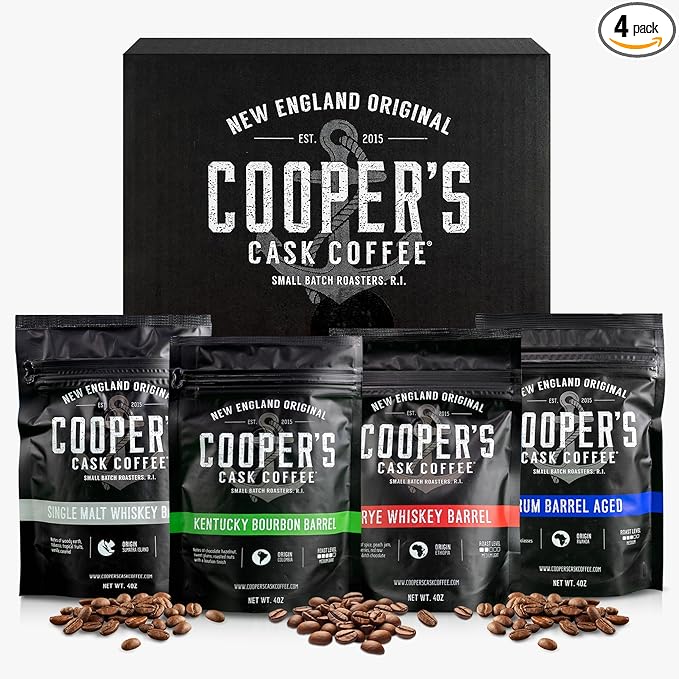 Bourbon & Whiskey Barrel Aged Coffee Box Set with Four Whole Bean Single Origin Coffees (Colombia, Sumatra, Ethiopia, Rwanda) Premium Small-Batch Gourmet Roasted Coffee Gift (Pack or 4)